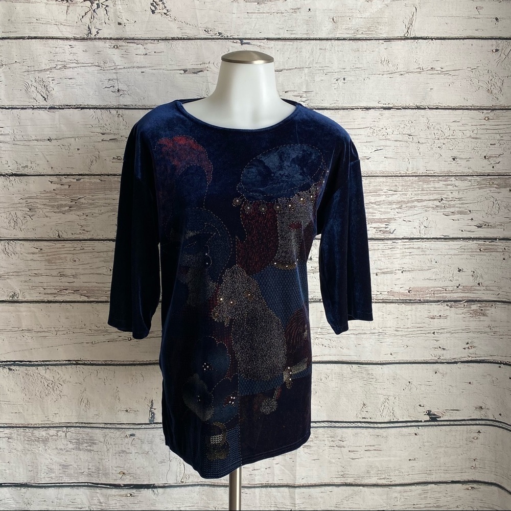 Navy velvet top with printed woman and diamanté
